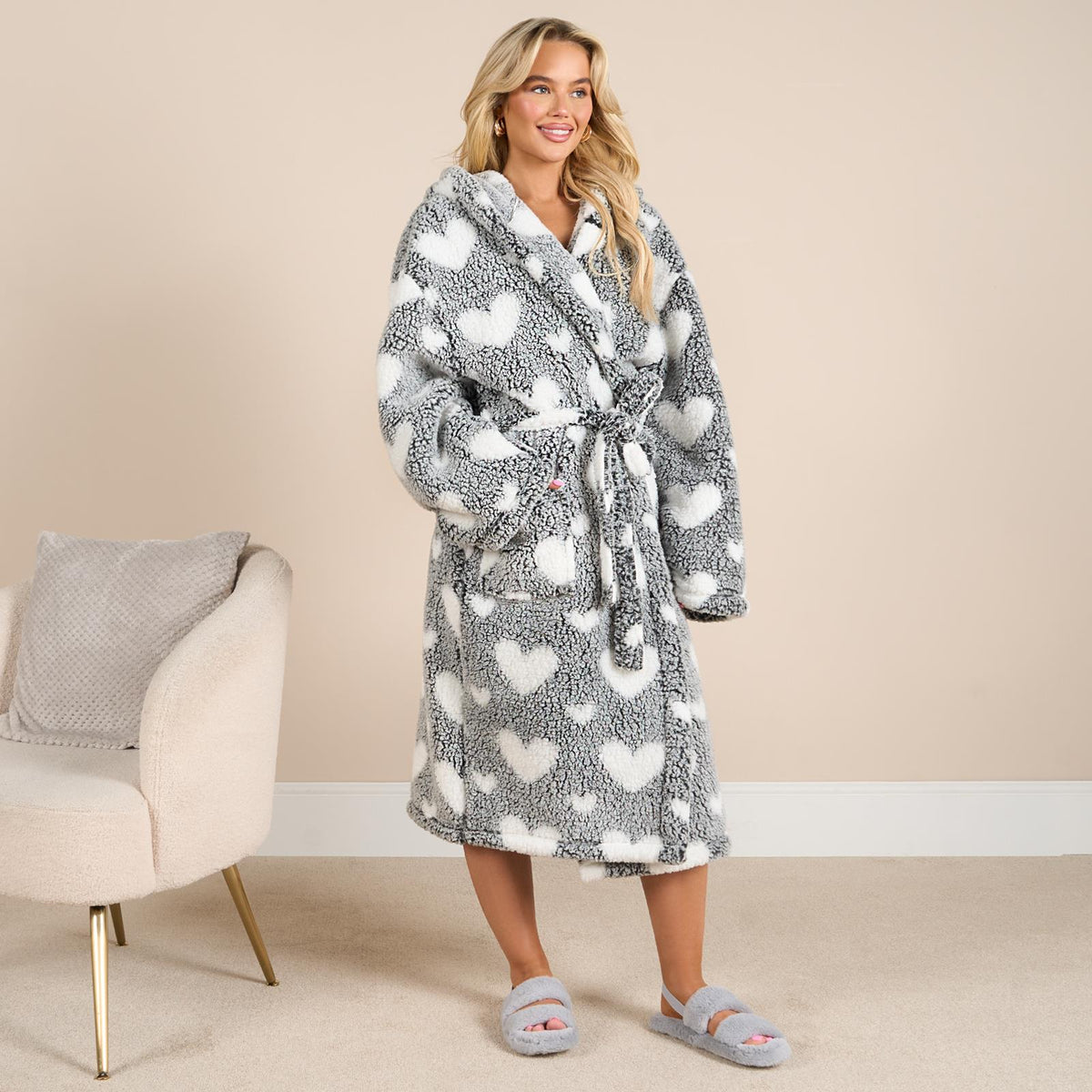 OHS Teddy Marl Dressing Gown Prints Ladies Warm Womens Loungewear Bathrobe