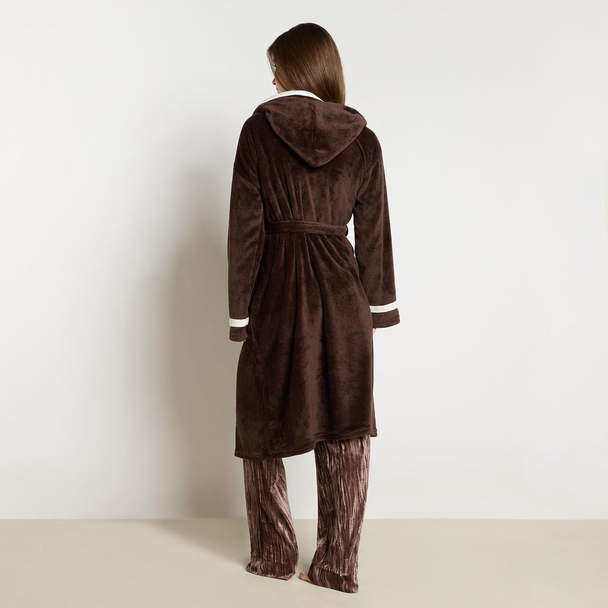 OHS Piped Edge Dressing Gown Flannel Fleece Winter Loungewear Hooded Bathrobe