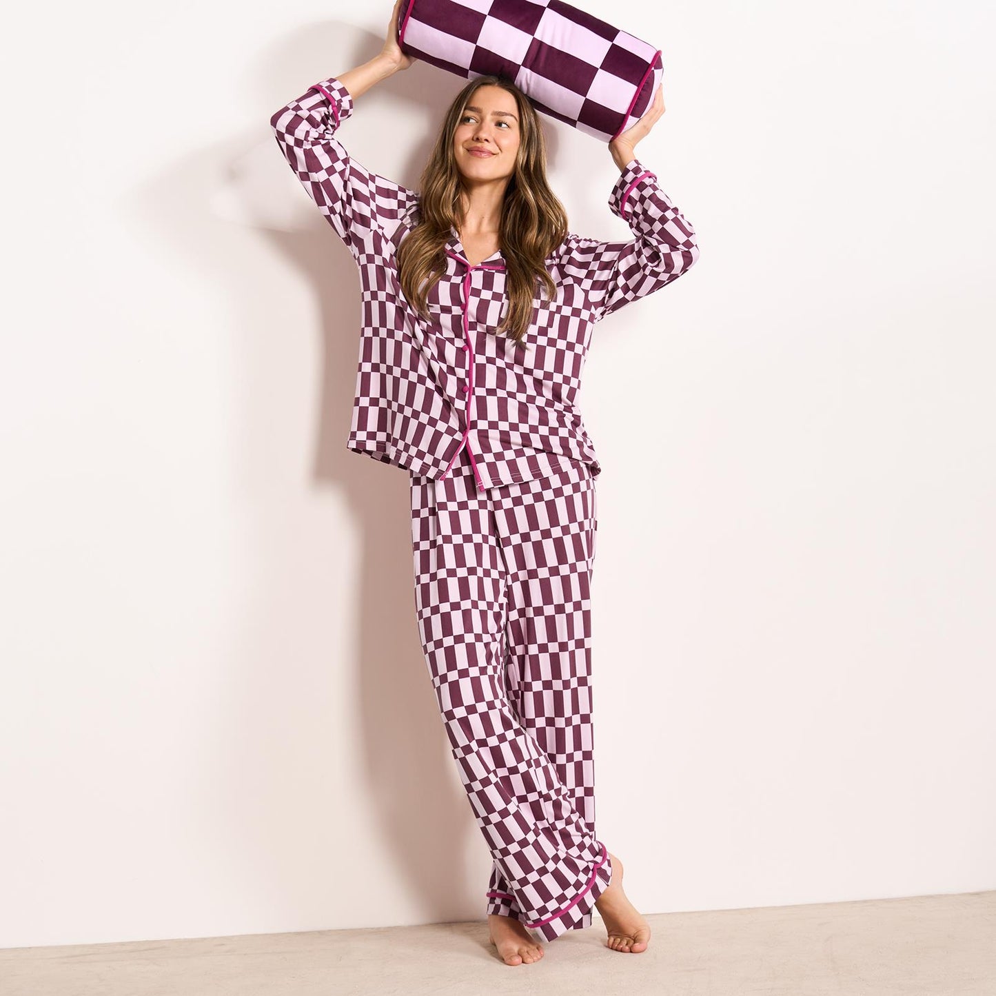 OHS Printed Piped Pyjama Set Jersey Button Through Nightwear Loungewear