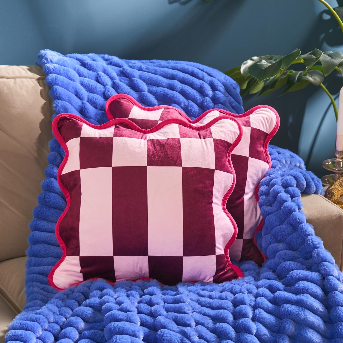 OHS Checkerboard Cushion Covers Scallop Edge Matte Velvet Square Pillowcases