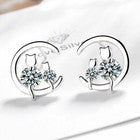 Womens Girls 925 Sterling Silver Crystal Moon Cats Stud Earrings Jewellery Gift