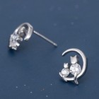 Womens Girls Crystal Moon Cats Stud Earrings 925 Sterling Silver Jewellery Gift
