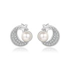 Crystal Moon Star Pearl Stud earrings 925 Sterling Silver Women Girls Jewellery