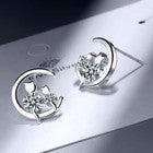 Womens Girls 925 Sterling Silver Crystal Moon Cats Stud Earrings Jewellery Gift