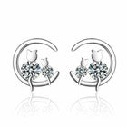 Womens Girls 925 Sterling Silver Crystal Moon Cats Stud Earrings Jewellery Gift