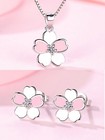 925 Sterling Silver Pink Flower Pendant Necklace Stud Earrings Womens Gift