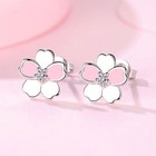 925 Sterling Silver Pink Flower Pendant Necklace Stud Earrings Womens Gift