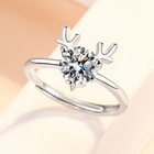 Christmas Elk Crystal Adjustable Ring 925 Sterling Silver Jewellery Women Gift