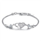 925 Sterling Silver Crystal Double Heart Linked Charm Bracelet Women Jewellery