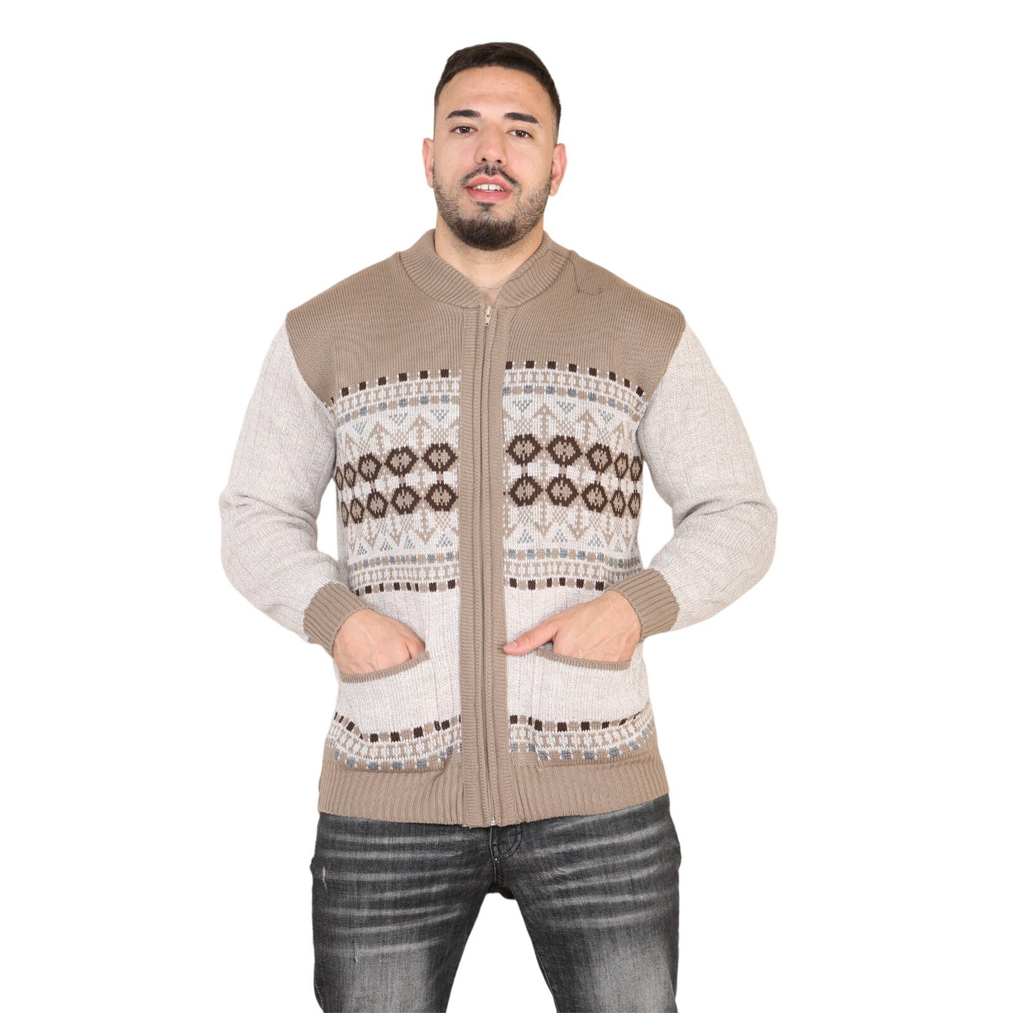 MENS AZTEC PATTERN CARDIGAN ZIP POCKET THICK WINTER WARM SWEATER KNITTED JUMPER