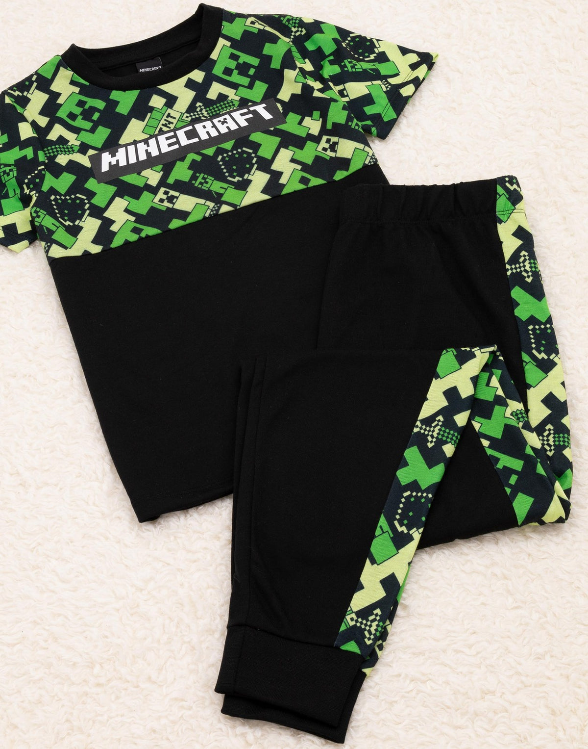 Minecraft Short Sleeve Long Leg Pyjama Set | Boys Green Black Gaming | Official