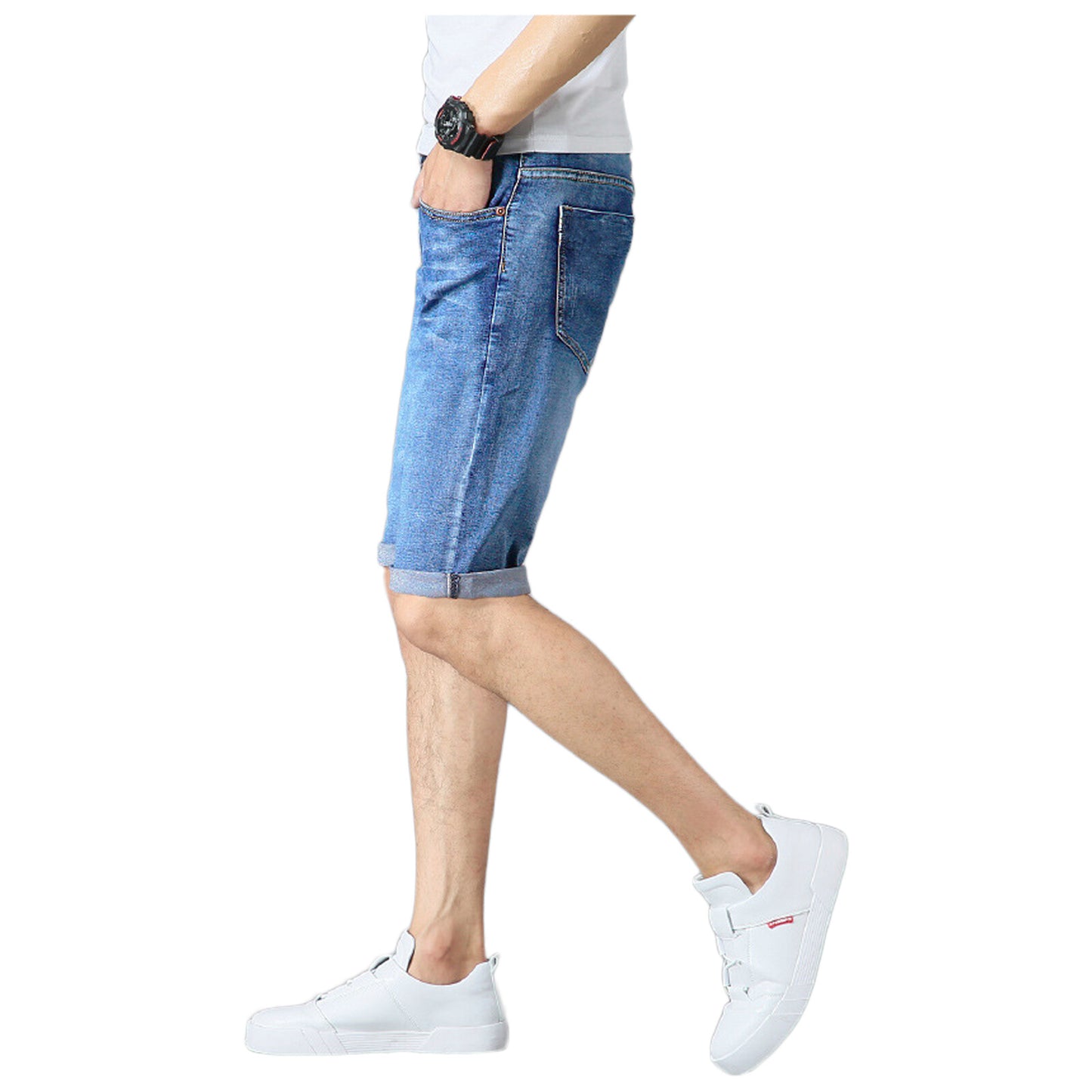 Mens Boys Denim Shorts Stretch Slim Fit Summer Half Jeans Pants Dark Blue Light