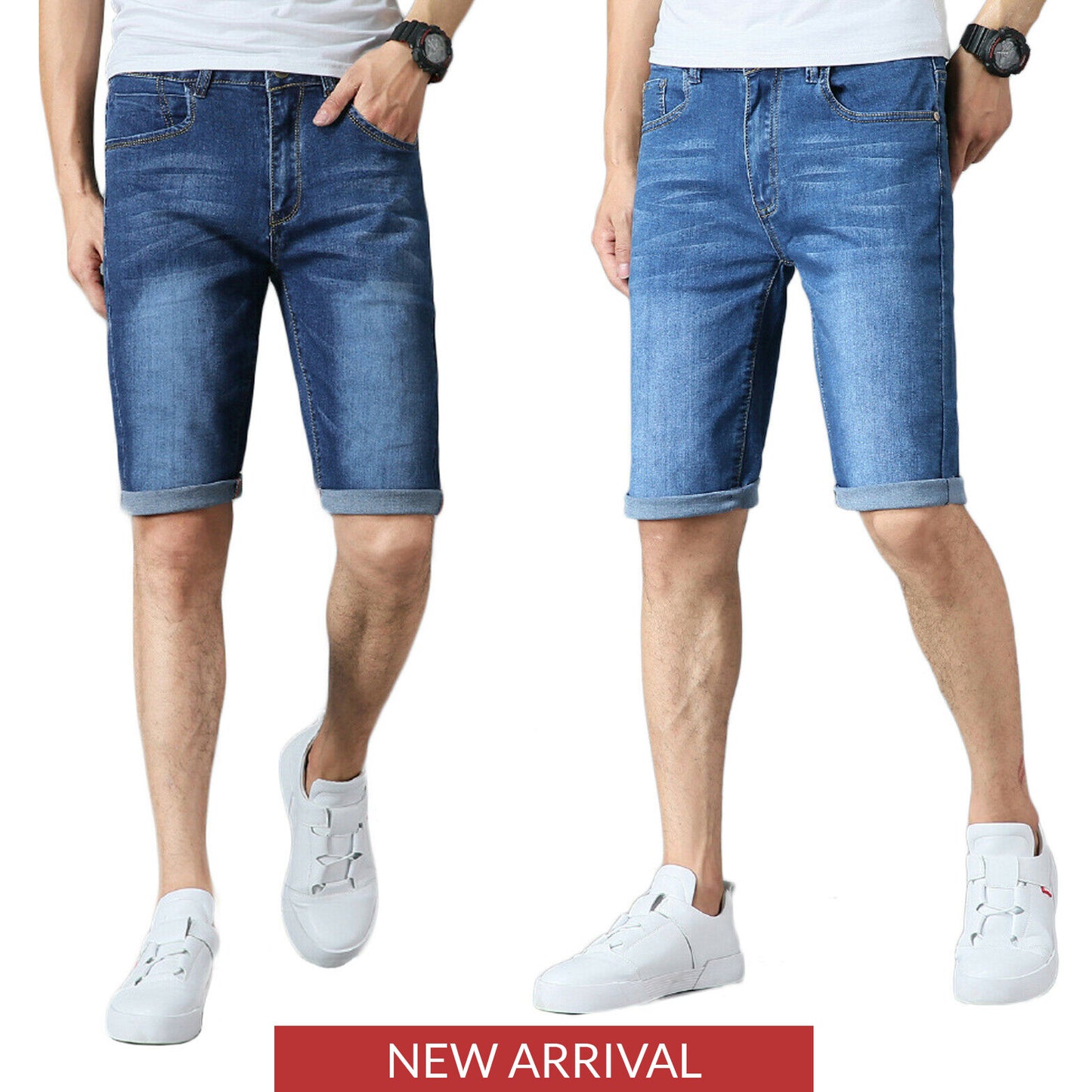 Mens Boys Denim Shorts Stretch Slim Fit Summer Half Jeans Pants Dark Blue Light