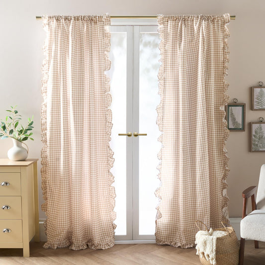 OHS Gingham Frill Voile Net Curtains 2 Window Panels Sheer Rod Slot Top Pair Set