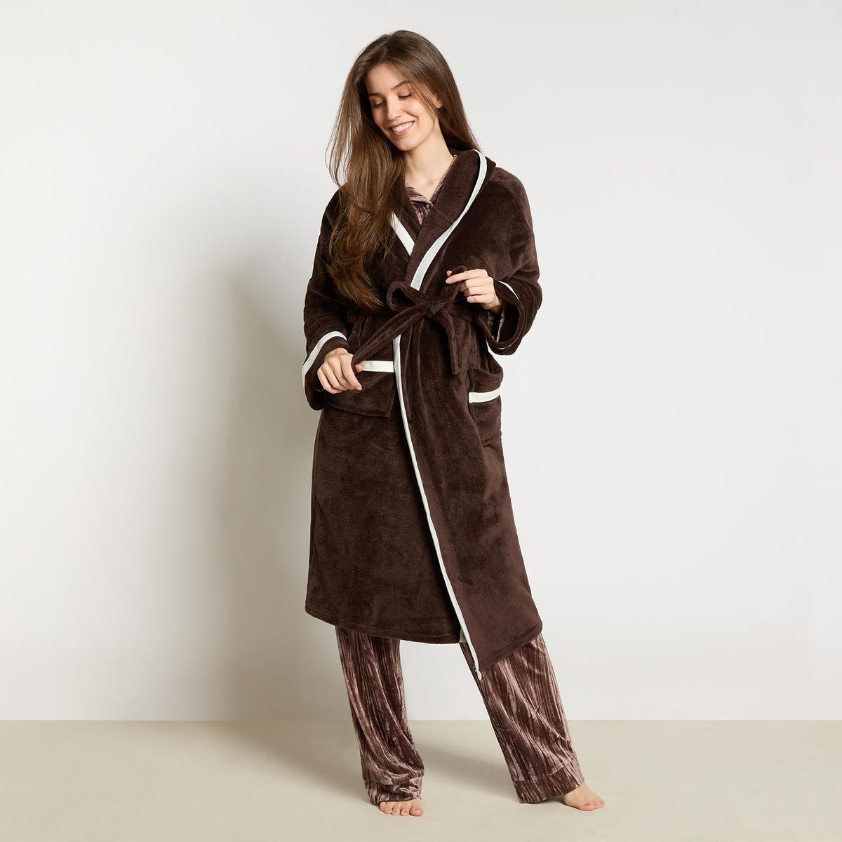 OHS Piped Edge Dressing Gown Flannel Fleece Winter Loungewear Hooded Bathrobe