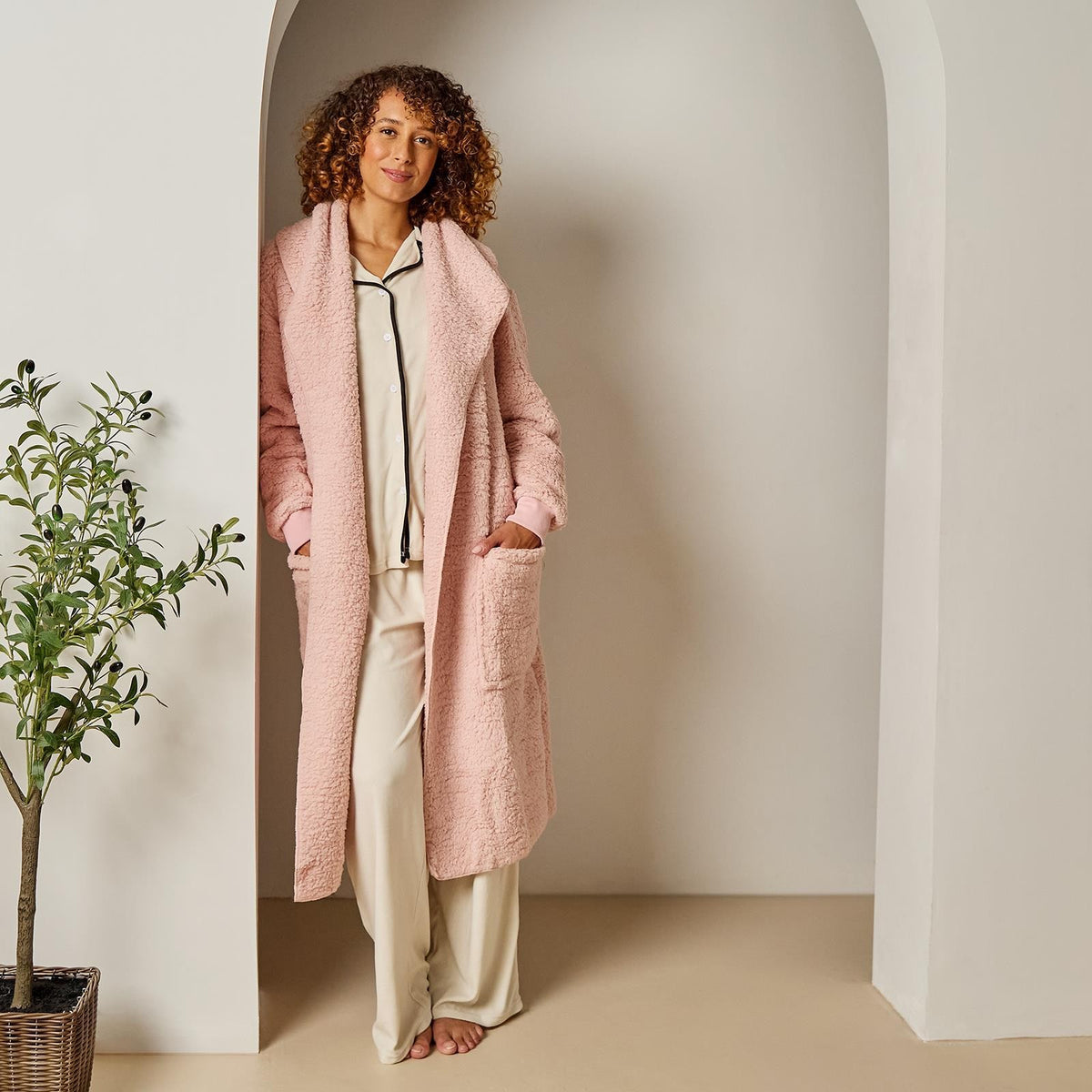 OHS Waterfall Long Cardigan Warm Teddy Fleece Open Front Wrap Loungewear Outwear