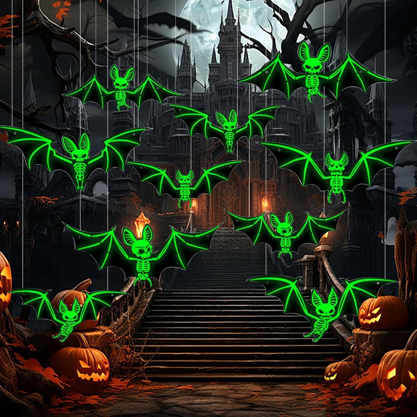 10Pcs Hanging Bats Halloween Decorations Outdoor - Large Flying Plastic Bats UK