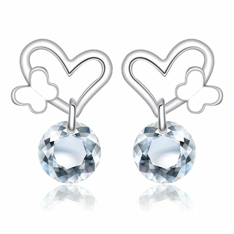 Women 925 Sterling Silver Crystal Heart Butterfly Stud Earrings Valentine's Gift