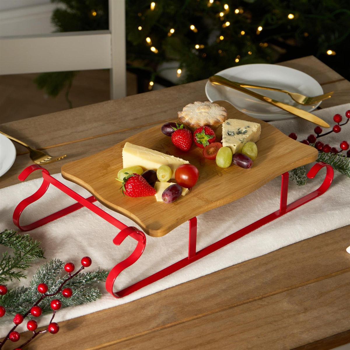 OHS Sleigh Serving Platter Bamboo Festive Xmas Cutting Board with Metal Frame