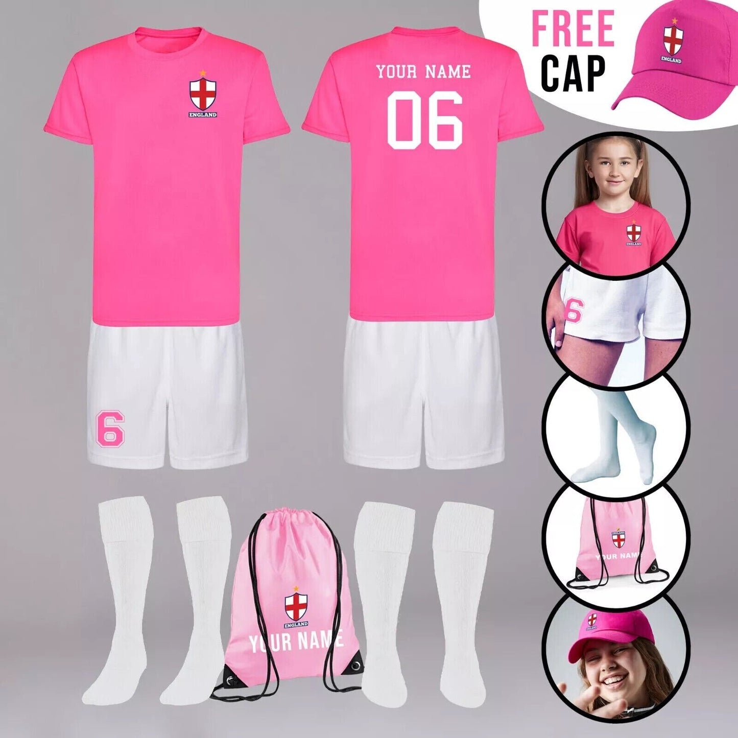 Personalised Kids Pink England Style Football Kit - Shirt Shorts Bag Socks & Cap