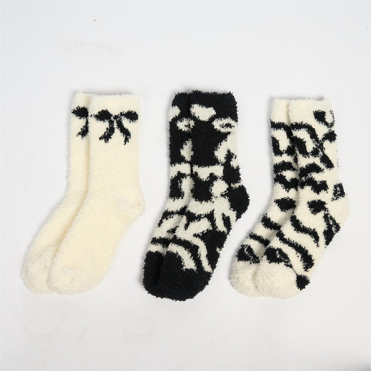 OHS Bows Socks 3 Pair Fluffy Fleece Warm Soft Thermal Bed Lounge Sock Slipper