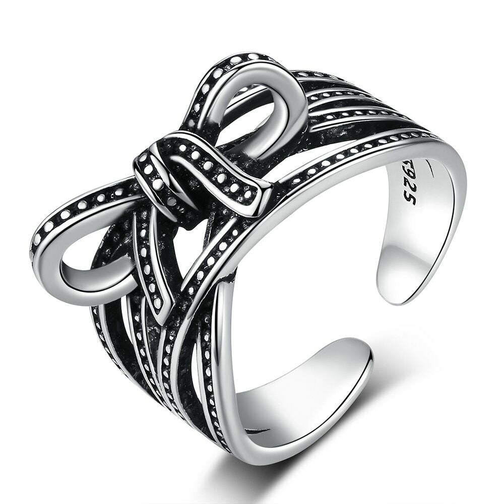 Women Girls Elegant Bow Tie Adjustable Ring 925 Sterling Silver Jewellery Gift U