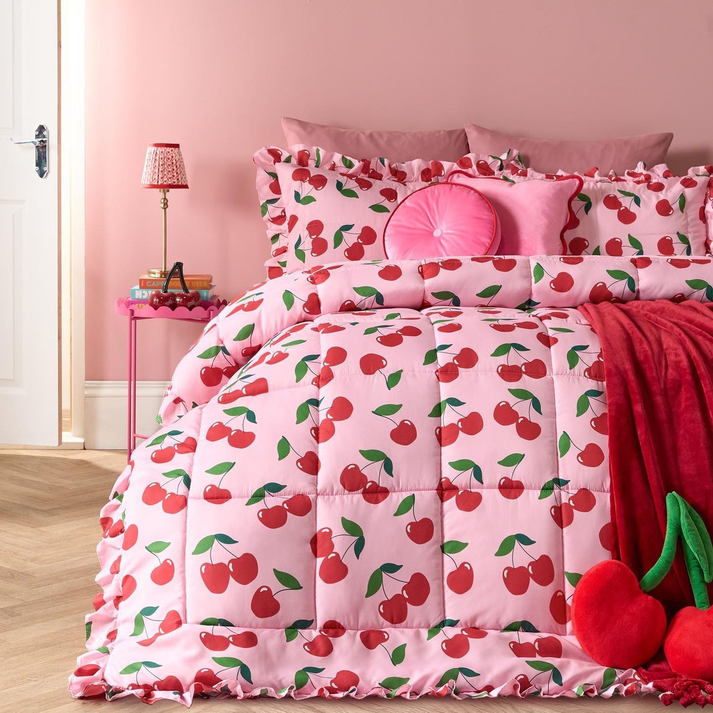 OHS Frill Edge Coverless 7.5 Tog Duvet Cherries Bedding Set with Pillowcase