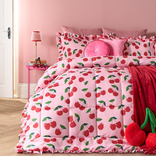 OHS Frill Edge Coverless 7.5 Tog Duvet Cherries Bedding Set with Pillowcase