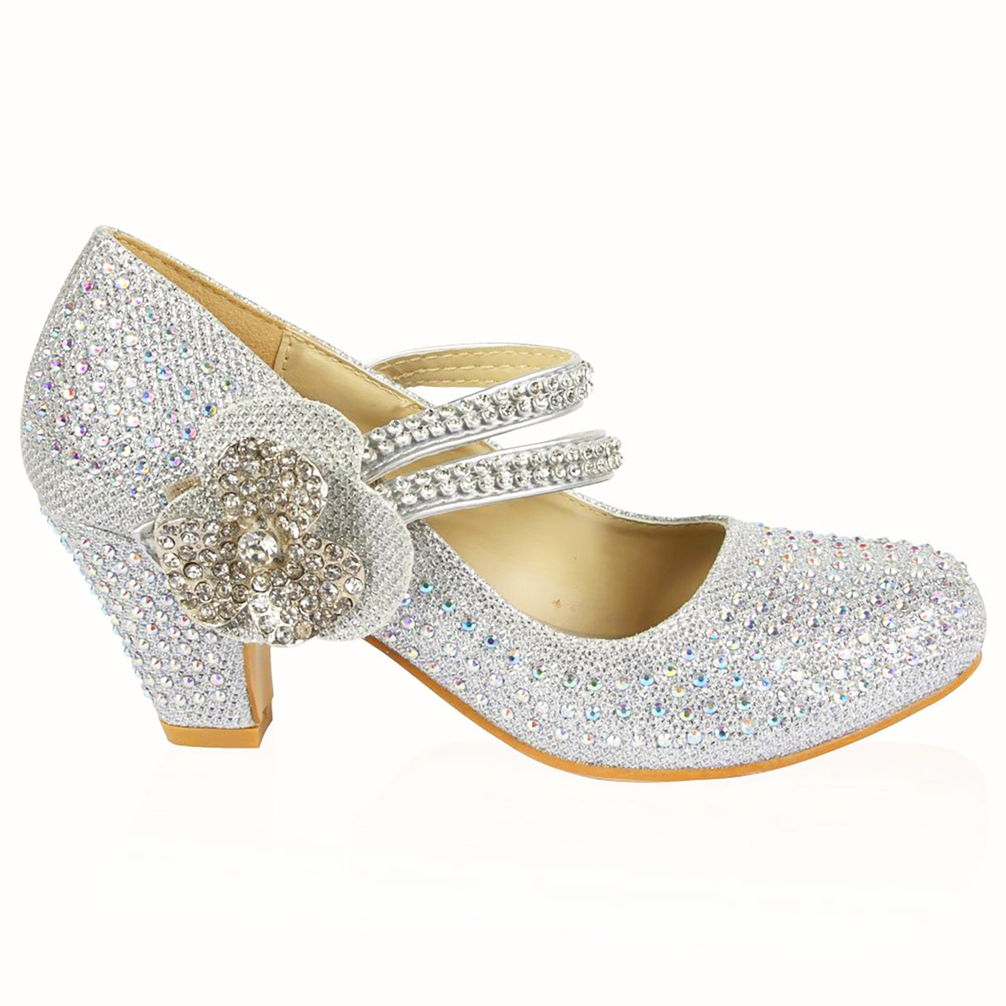 GIRLS WEDDING SHOES PARTY BRIDESMAID DIAMANTE LOW HEEL MARY JANE EVENING SANDAL