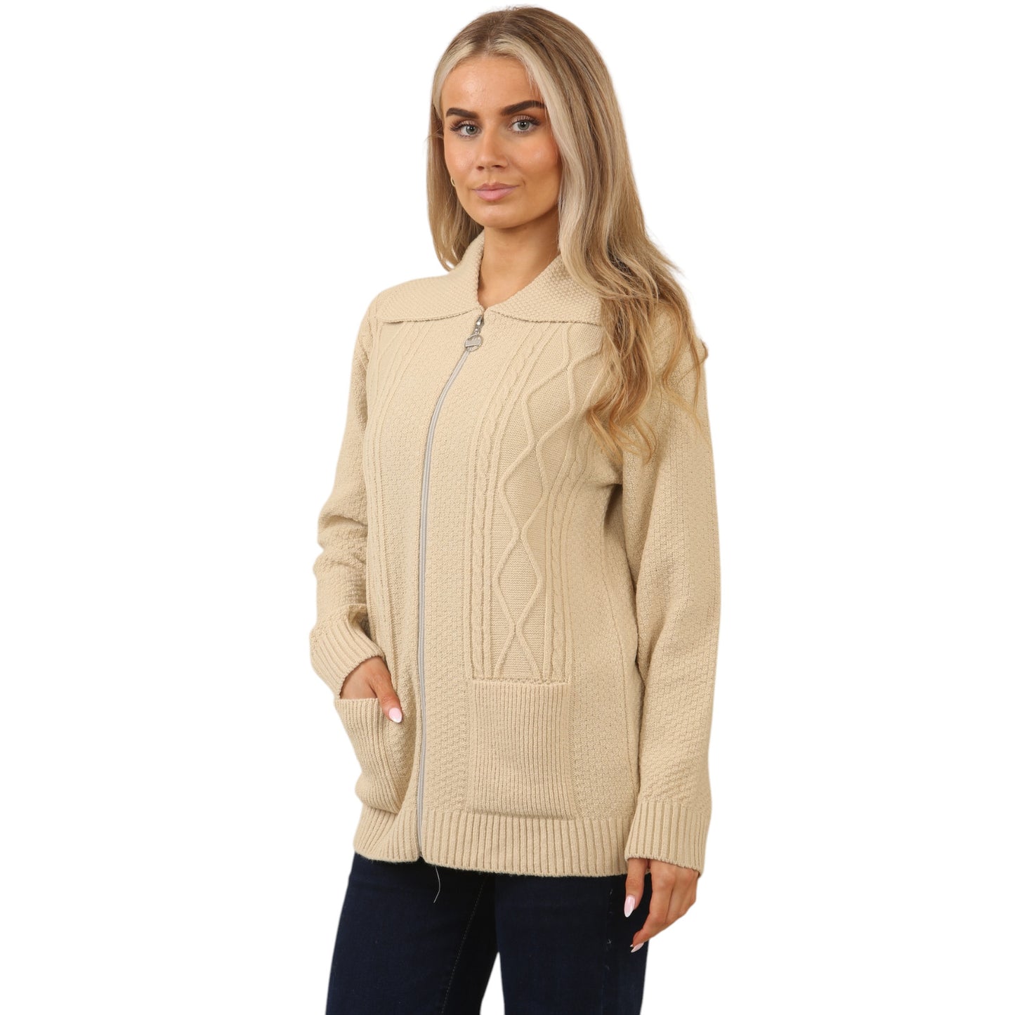 WOMENS ZIP UP CARDIGAN LADIES DIAMOND CABLE KNIT LONG SLEEVES SWEATER TOP JUMPER