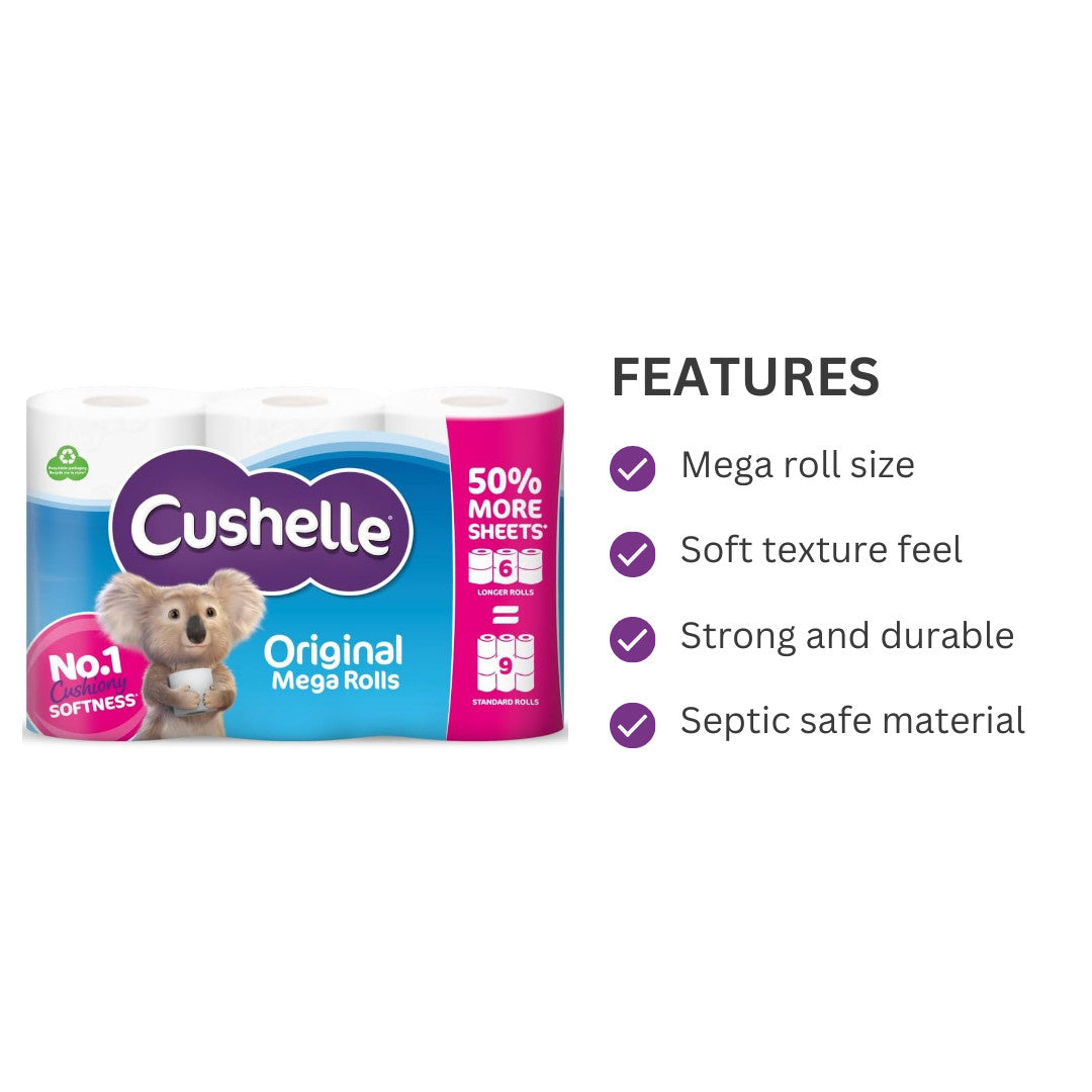 Cushelle Original Mega Rolls Longer Toilet Sheets 6 Rolls - Pack of 3