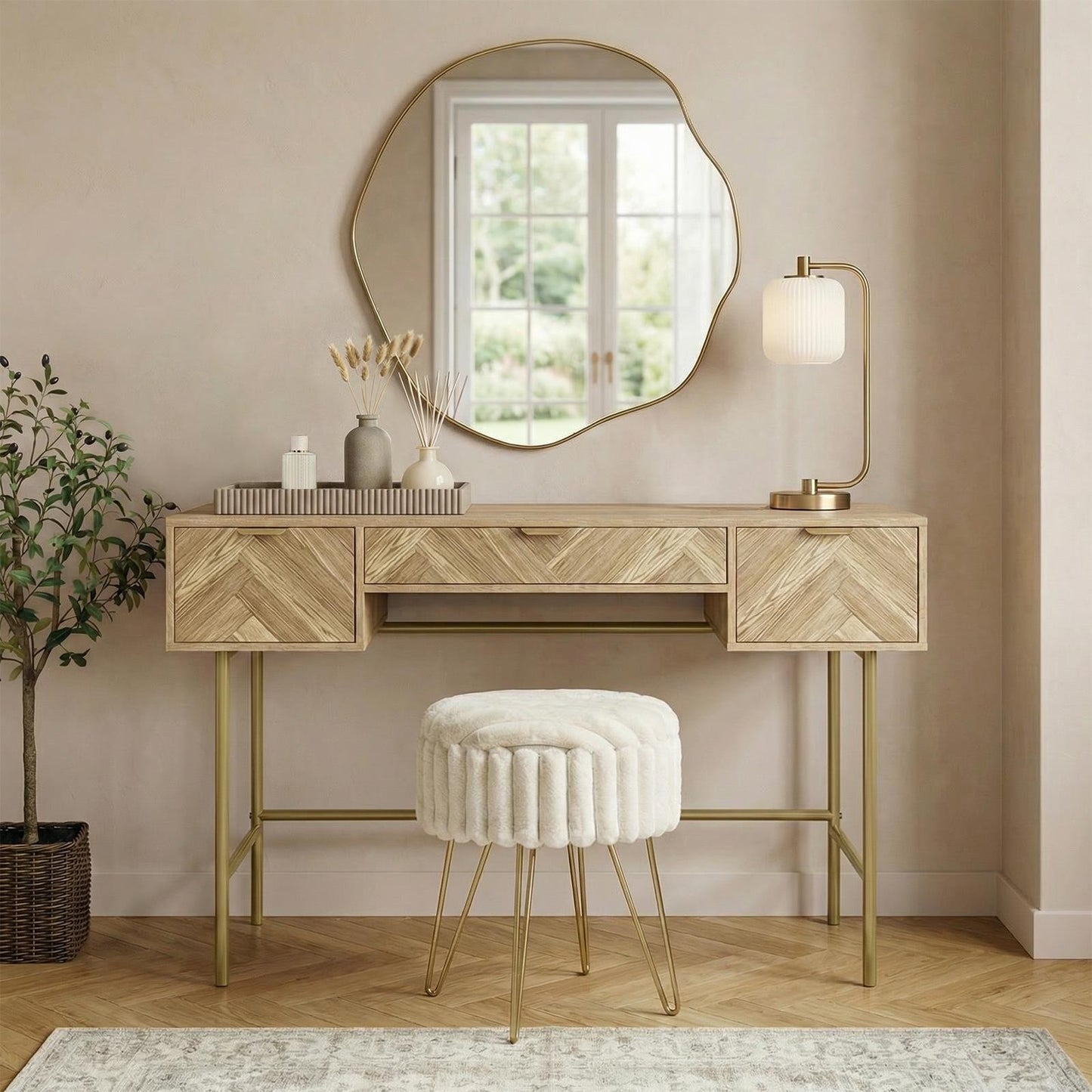 OHS Chevron Dressing Table Engineered Wood Makeup Vanity Desk with 3 Drawers