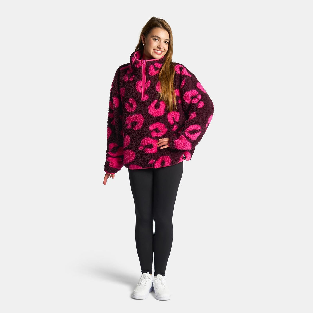 OHS Print Teddy Fleece Half Zip Jumper Womens Pullover Sweatshirt Long Sleeve