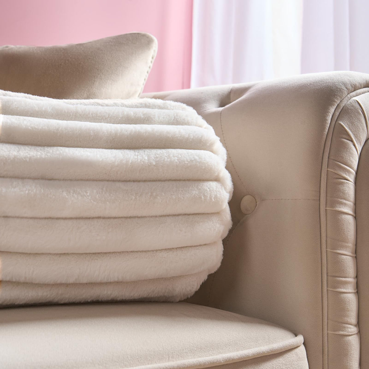 OHS Ribbed Bolster Pillow Faux Fur Round Soft Neck Roll Luxury Filled Cushion