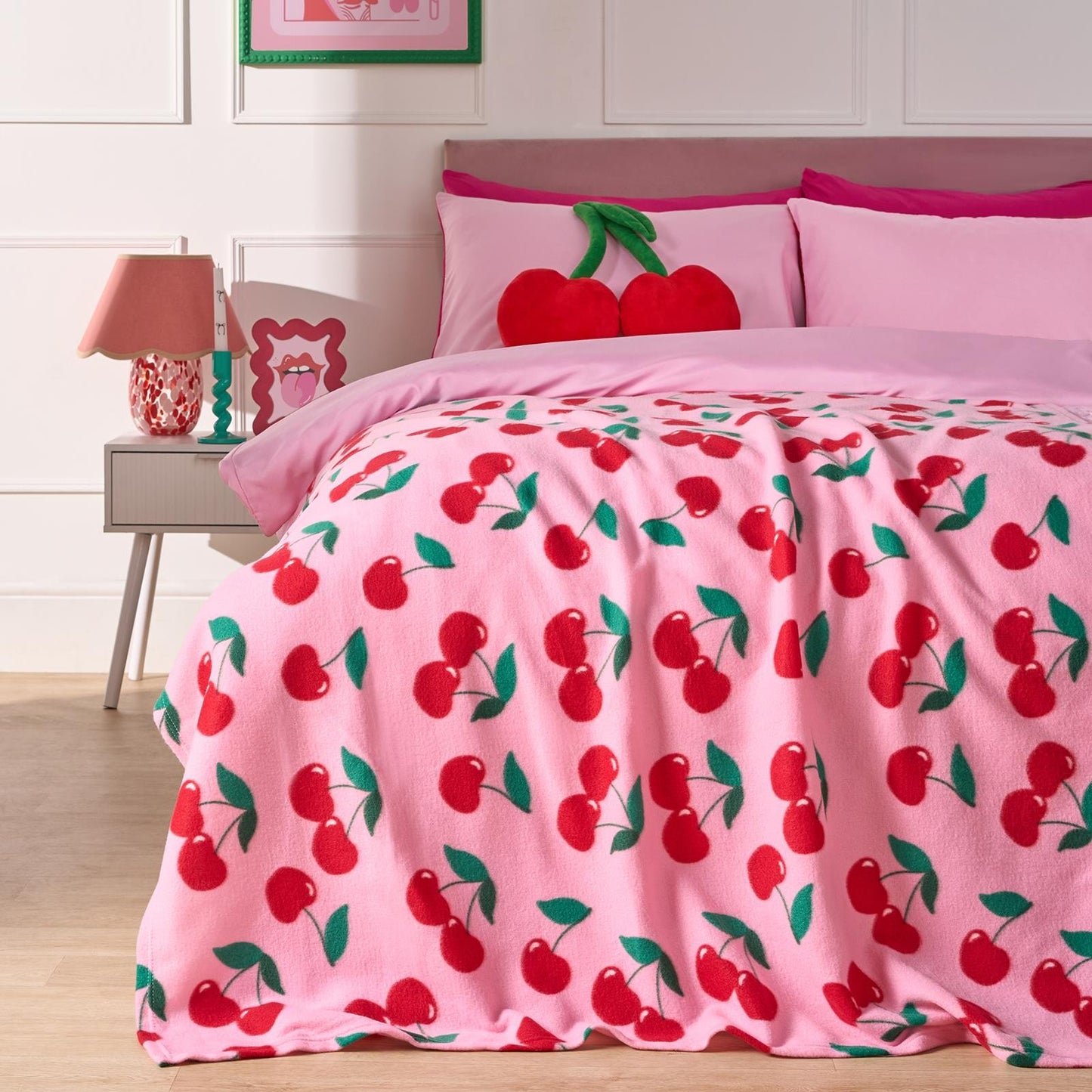 OHS Cherry Print Throw Soft Blanket Polar Fleece Lightweight Bedspread