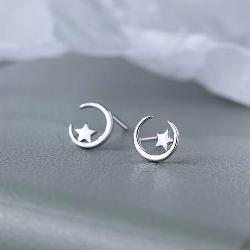 Womens Girls Moon Star Stud Earrings 925 Sterling Silver Jewellery Gift UK