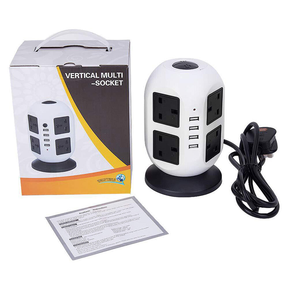 8/10 Way Tower Power Extension Lead 3M With 4 USB Ports UK Plug Surge Protected