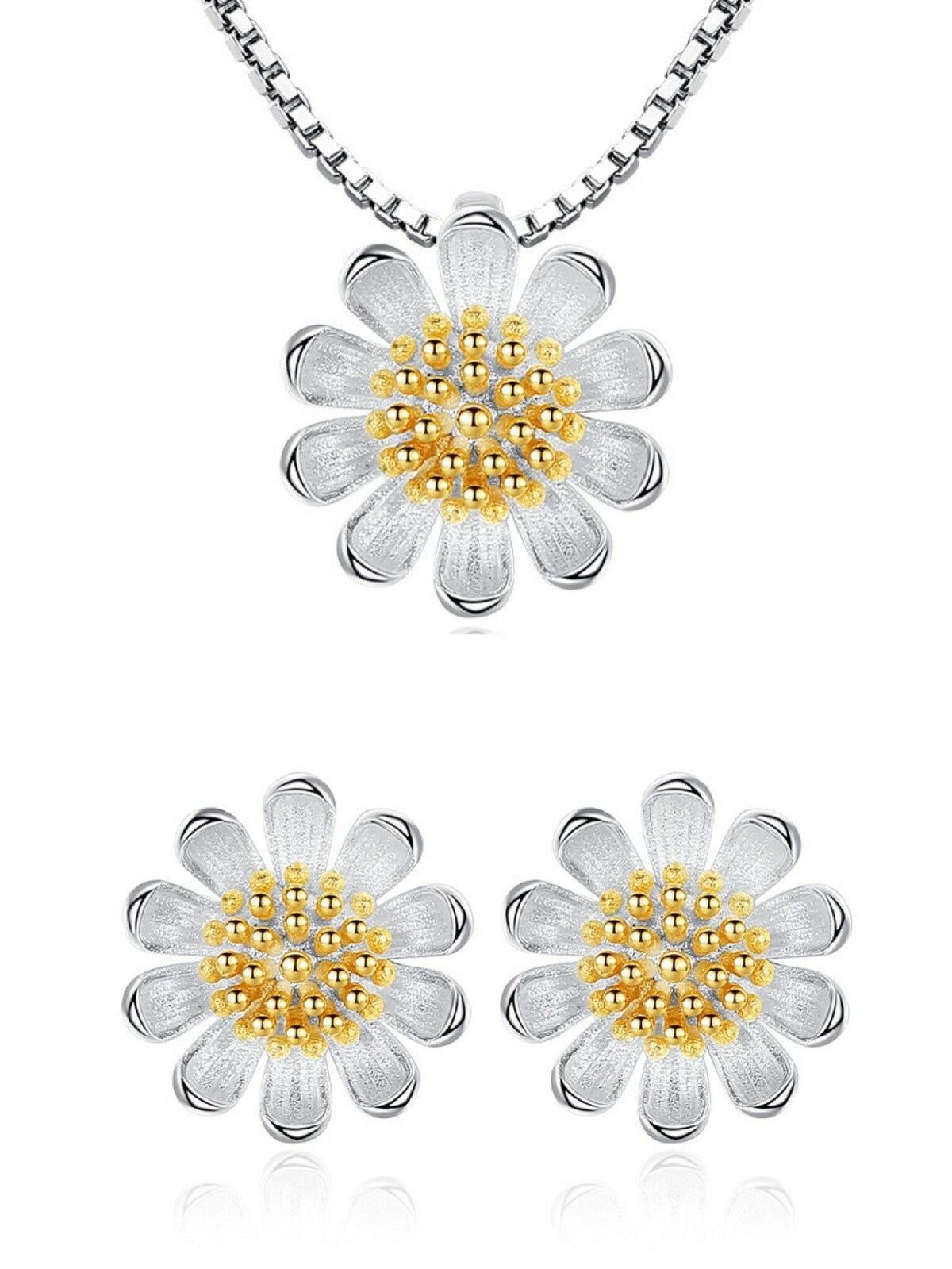 Women Sun Flower Pendant Necklace Stud Earrings Ring 925 Sterling Silver