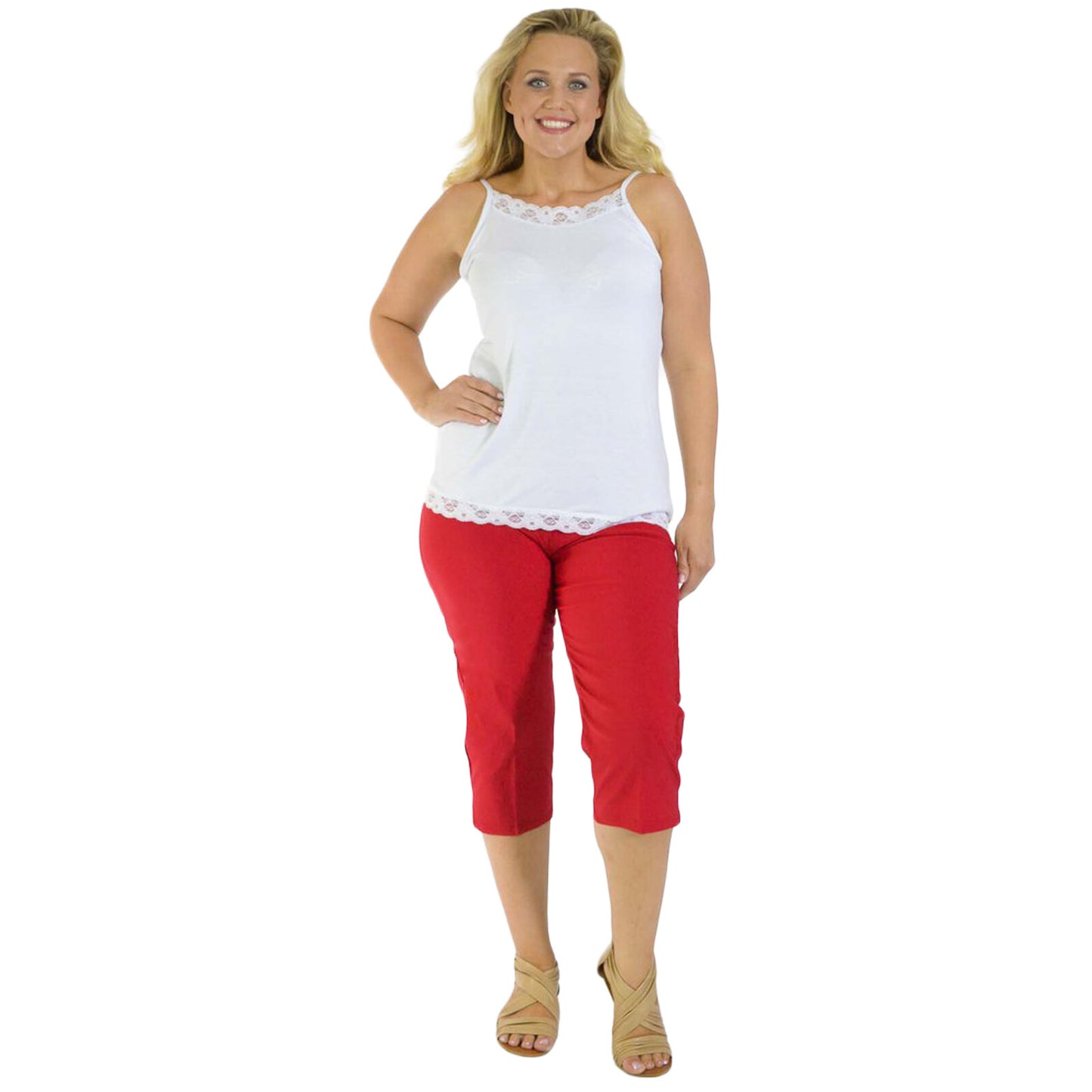 WOMENS LADIES 3/4 TROUSERS STRETCH ELASTICATED WAIST PLAIN CROPPED PLUS BIG SIZE