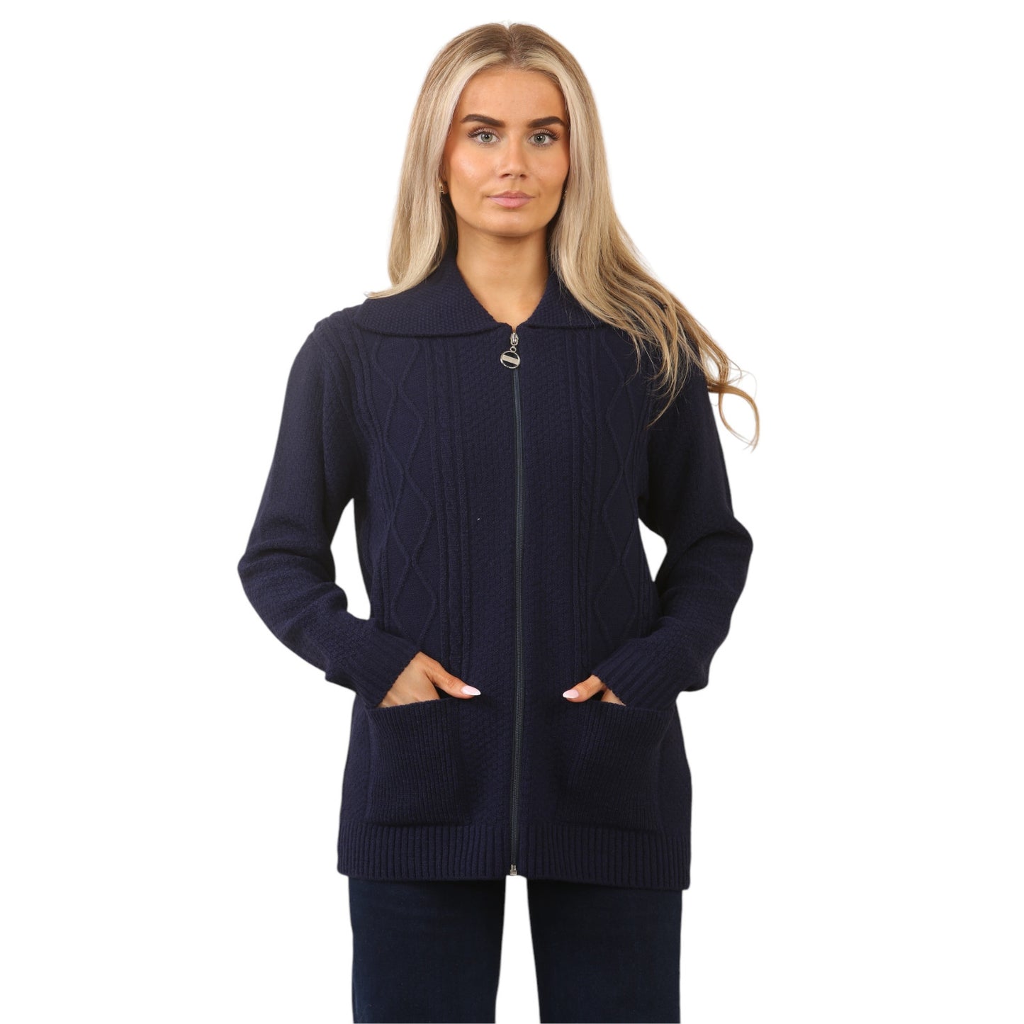 WOMENS ZIP UP CARDIGAN LADIES DIAMOND CABLE KNIT LONG SLEEVES SWEATER TOP JUMPER