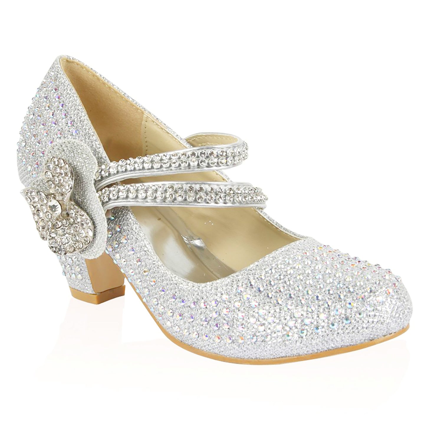 GIRLS WEDDING SHOES PARTY BRIDESMAID DIAMANTE LOW HEEL MARY JANE EVENING SANDAL