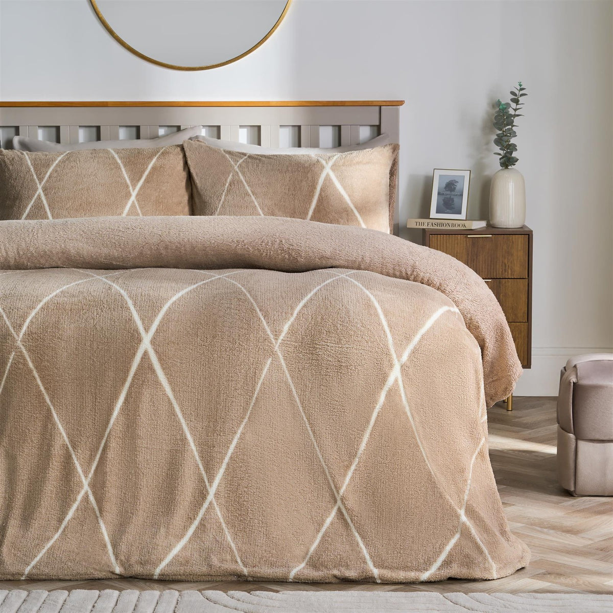 OHS Diamond Check Bedding Set Teddy Fleece Winter Duvet Cover with Pillowcase