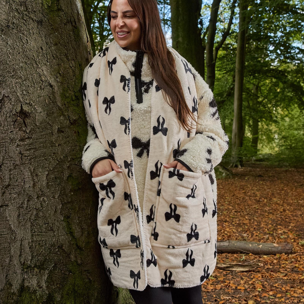 OHS Bows Pocket Scarf Coral Fleece Sherpa Lined Thermal Winter Wrap Hand Warmer