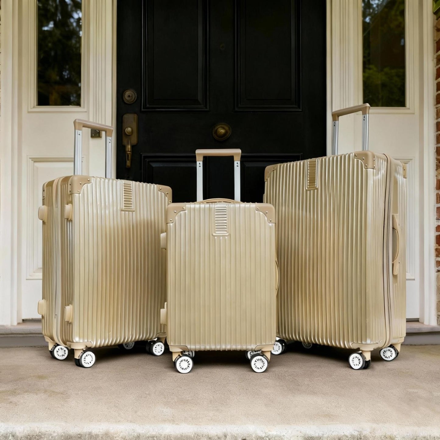 OHS Metallic Effect Suitcase Set 3-Piece Hard Shell Luggage 4 Wheel ABS