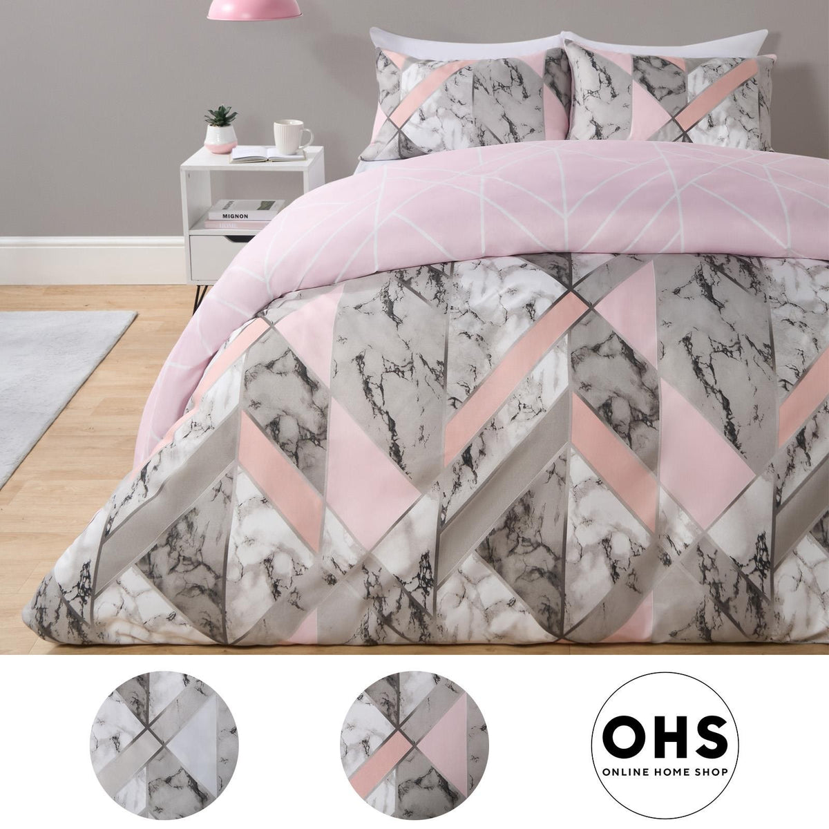 OHS Marble Reversible Duvet Cover Pillowcases Bedding Set Double King