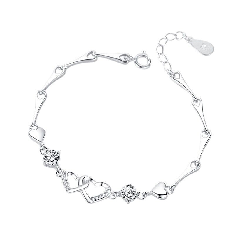 925 Sterling Silver Crystal Double Heart Linked Charm Bracelet Women Jewellery