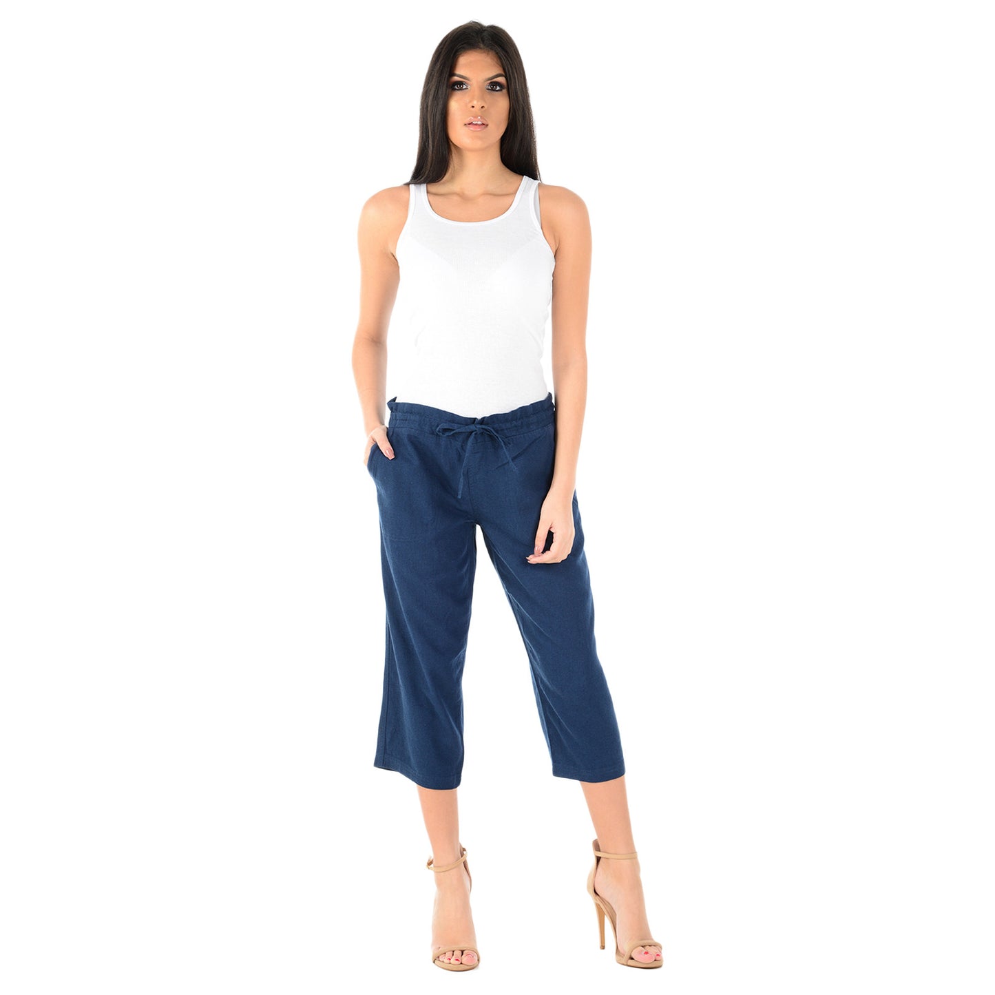 LADIES LINEN 3 QUARTER TROUSER WOMEN CROPPED 3/4 PANTS SUMMER RELAXED FIT SHORTS