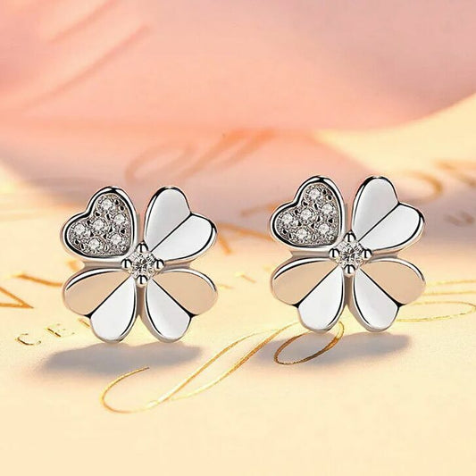 Womens Girls 925 Sterling Silver Crystal Heart Clover Stud Earrings Jewellery UK