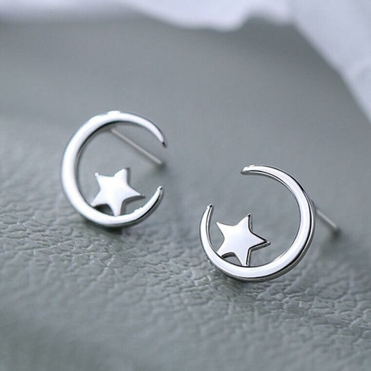Womens Girls Moon Star Stud Earrings 925 Sterling Silver Jewellery Gift UK