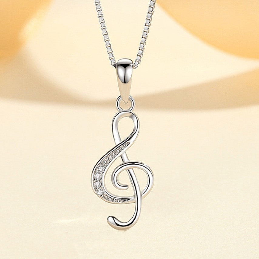 925 Sterling Silver Crystal Musical Note Pendant Necklace Women Jewellery Gift